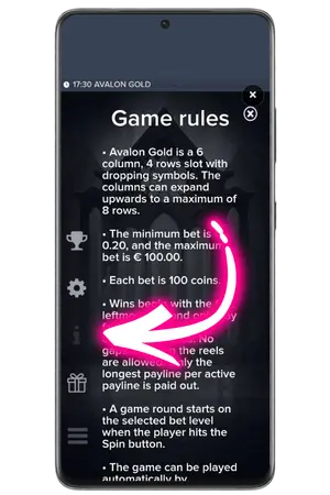 Klicken Sie auf das i-Symbol, um die Avalon Gold Spielregeln zu öffnen